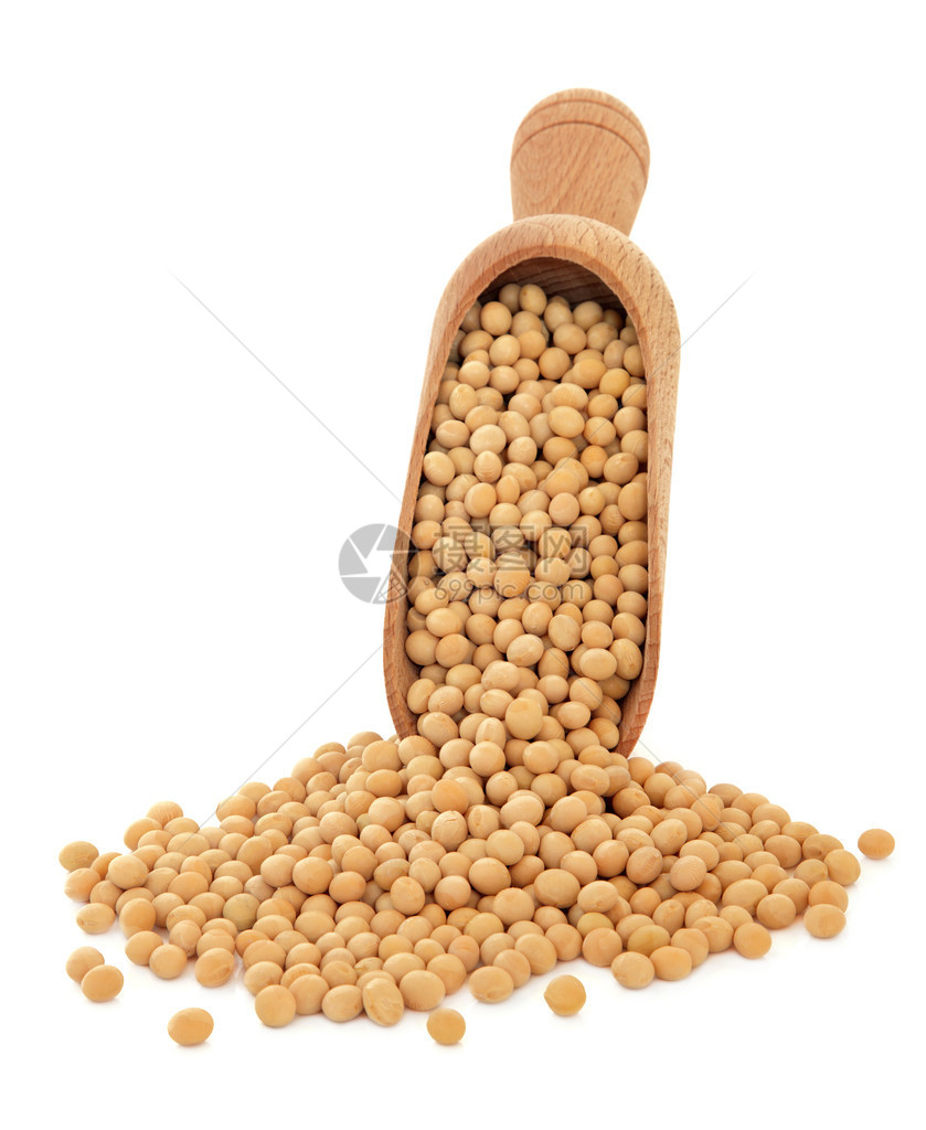 在一个木瓢的大豆在白色背景图片