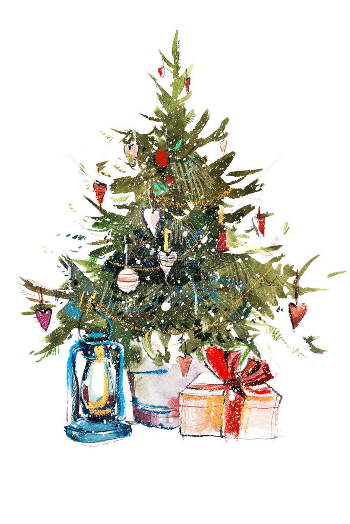 装饰圣诞树水彩插图水彩画图片