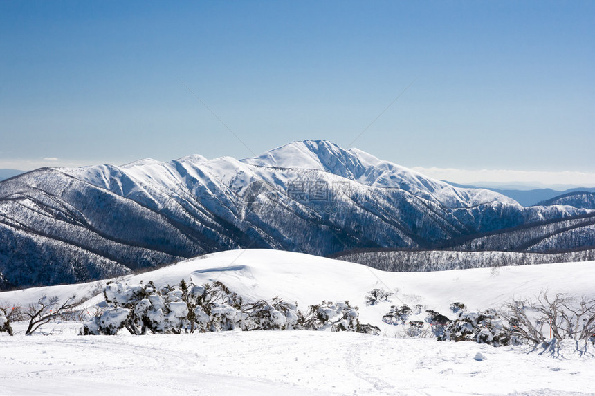 新雪后的霍瑟姆山滑雪胜地望着费瑟托普山图片