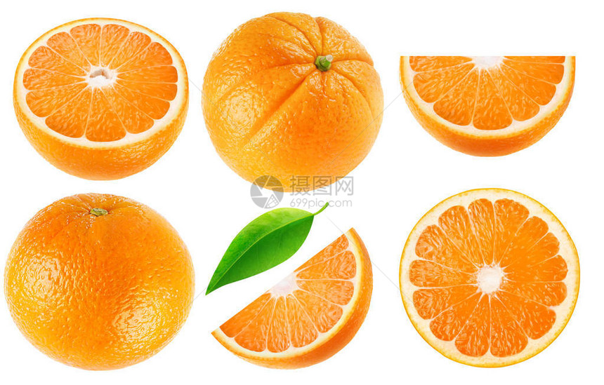 孤立的橙子收藏全橘子水果和切成碎片图片