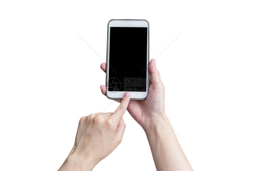 手在孤立的白色上使用电话女人的手触摸手机上与剪切路径隔离手上图片