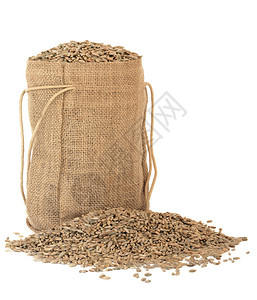 在一个粗麻布袋子的黑麦五谷在白色背景图片