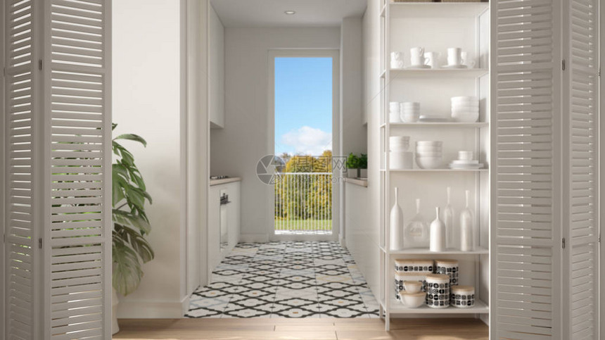 斯堪的纳维亚极简主义厨房的白色折叠门开有大全景窗户彩色瓷砖白色室内设计建筑师设计师概图片