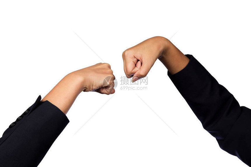 两个亚洲年轻女商人手腕弯曲她的手指关节为弯曲的拳头混合手图片