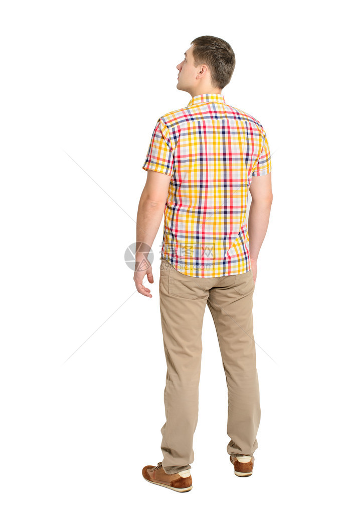 穿着格子衬衫和牛仔裤的年轻人的背影站立的年轻人后视图人集合人的背面视图孤图片