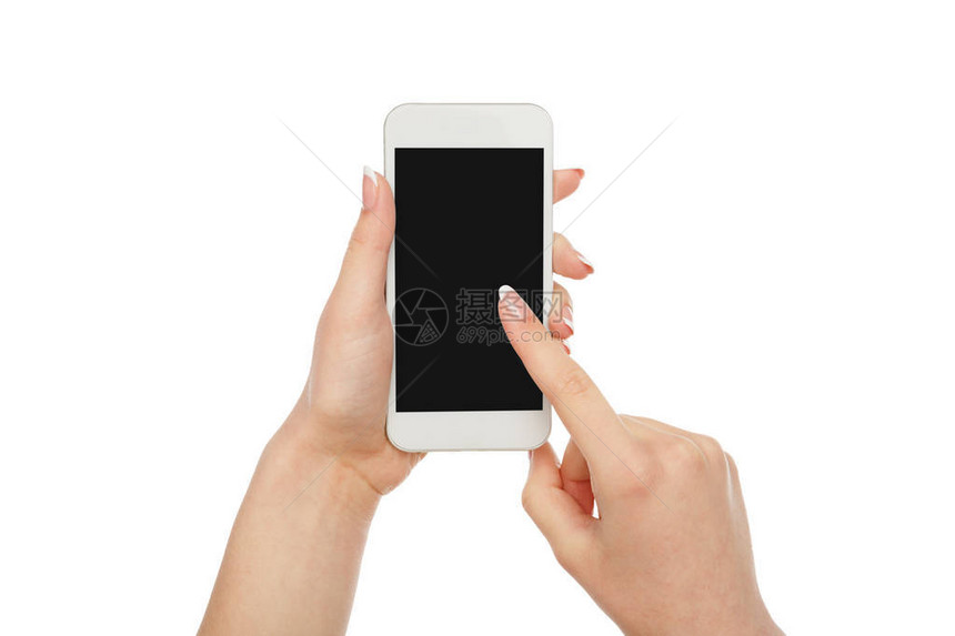 女用手机上的空白屏幕指着在白色背景上被孤立闭合截断图片
