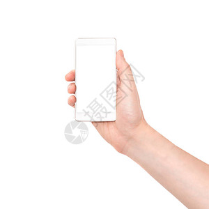 手持白色智能手机带孤立的白背景图片