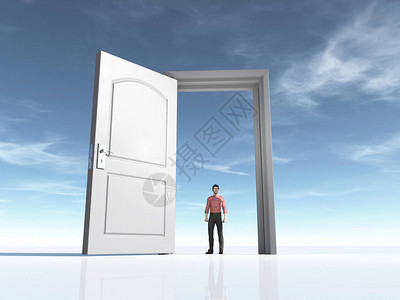 年轻人和一扇敞开的门这是一个3d渲染插图图片