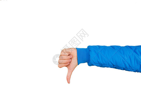 男人的手在白色背景下竖起大拇指不喜欢消极的概念图片
