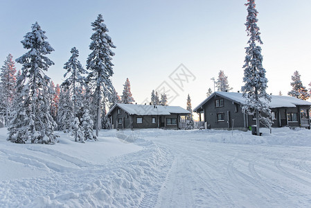芬兰Ruka村冬季北极圈日落时图片