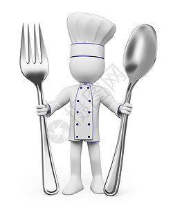 3个白人勺子和叉子厨师孤图片