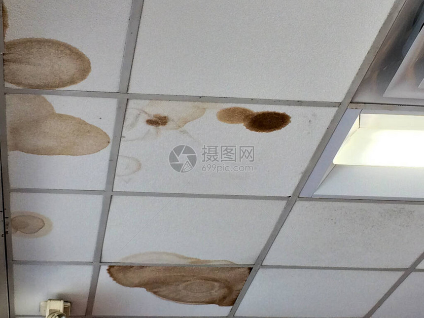 天花板瓷砖上的水污点显图片