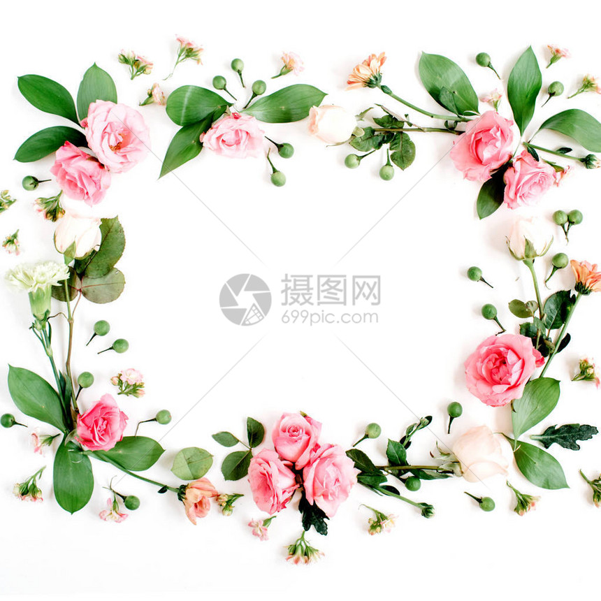 由粉红色和米色玫瑰绿叶白色背景上的树枝制成的圆形框架图片