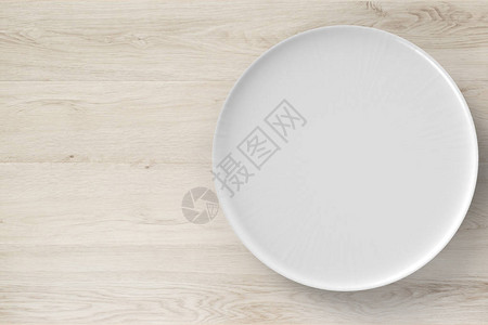木桌子木制背景上的3d渲染白盘顶视图设计图片