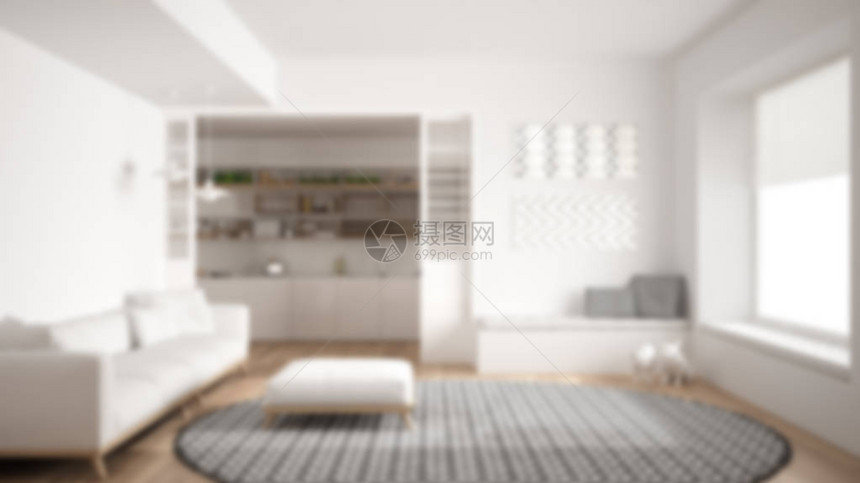 室内设计带有沙发的最小客厅大圆地毯和厨房背景布局图片