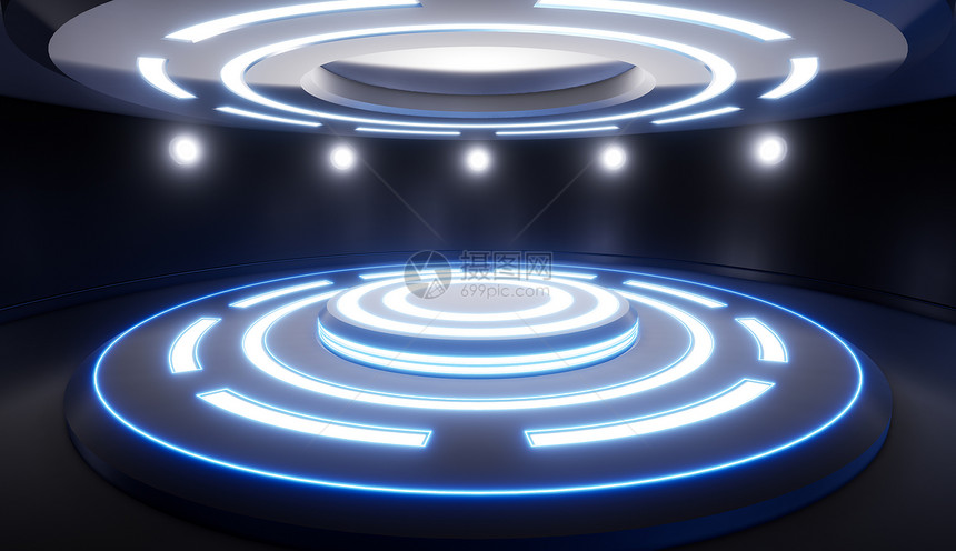 带底座和蓝色灯光的抽象空工作室未来的圆形底座或展示平台科幻概念3d渲染图片