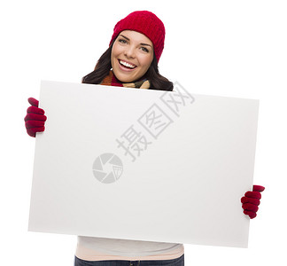 穿着冬帽和手套的兴奋女神在白色背景上孤立地图片