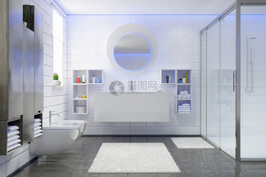一个白色和黑色的现代浴室图片
