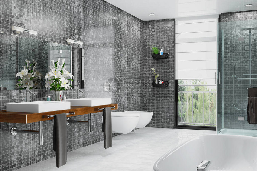 现代浴室的3d渲染白色和黑色图片