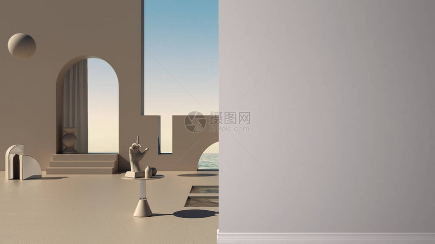 露台拱形窗户游泳池带手雕像的桌子海景前墙上的风景室内设计建筑理念带复制空间的概图片