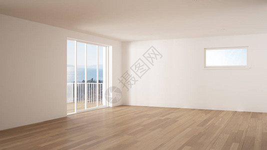 空荡的室内设计带大全景窗户的开放空间海景阳台镶木地板图片