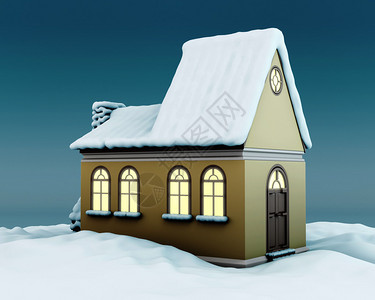 晚上的房子有发光的窗户和屋顶上的雪3d插图图片