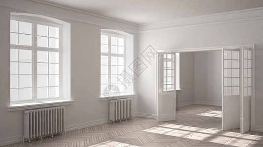 空房间有地板大窗户门和散热器图片