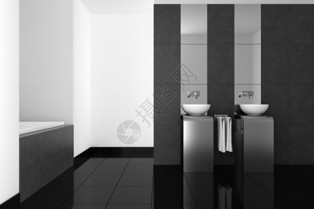 带双盆和黑色地板的现代浴室图片
