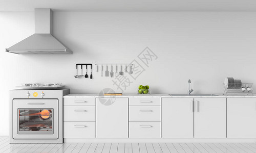 现代白色厨房柜台顶楼配有煤气炉灶和模设计图片