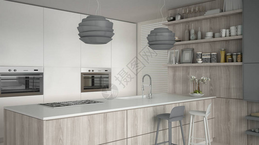带木形和灰色细节的最小白色厨房最起图片
