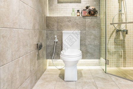 现代洗手间在旅馆的白色马桶里图片