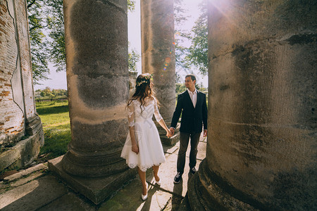 时尚的一对新婚快乐的新婚夫妇在古老石宫大厦图片