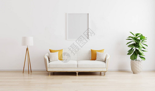 白色沙发地板灯和木板层上绿色植物的明亮现代中空框背景图片
