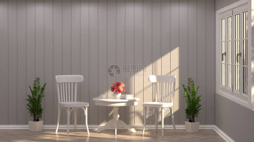 白墙前房间的白椅和白桌3d渲染豪华客厅复古风格的图片