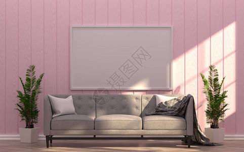 经典假昙花在粉红色墙壁和木制地板3d前的房间里装有白色假框架和灰色沙发设计图片