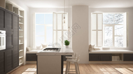 现代白色厨房配有深色木质细节图片