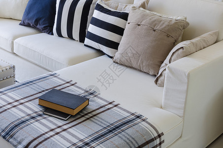 家里客厅里有枕头和书的大白色沙发图片