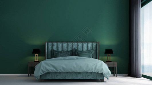 现代绿色卧室内设计和混凝土墙壁纹理图片