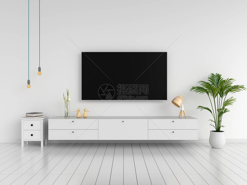 客厅的宽屏电视和餐具柜3D渲染图片