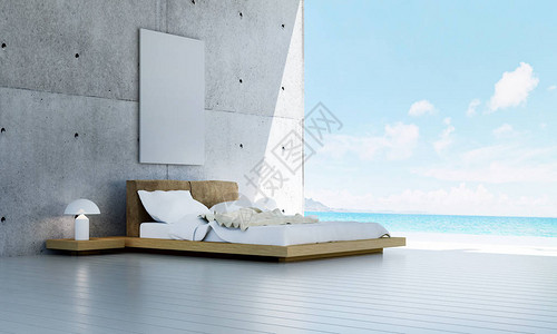现代卧室与混凝土墙图案背景和画框和海景的图片