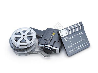 电影摄机锁板和在白色背景上隔离的胶片卷带图片