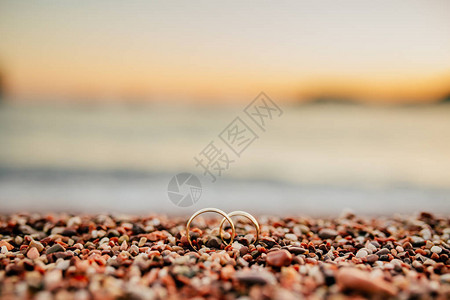 新婚夫妇在海滩鹅卵石上的结婚戒指订婚金戒指在图片