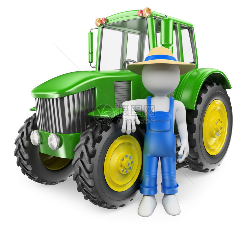 3D白人现代拖拉机的农民孤图片