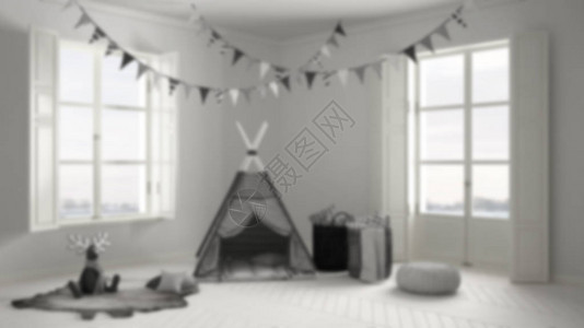 模糊背景室内设计带家具地毯和帐篷的儿童房图片