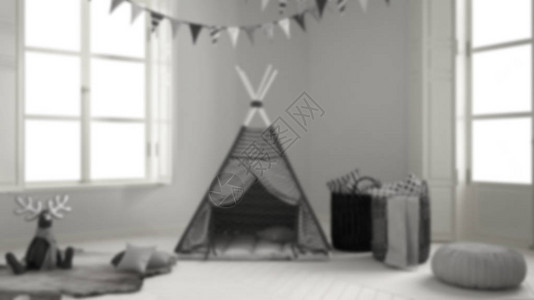 模糊背景室内设计带家具地毯和帐篷的儿童房图片