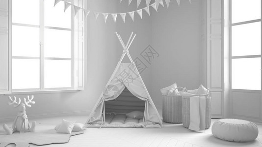 带家具地毯和帐篷两扇全景窗户斯堪的纳维亚室内设计的儿童图片