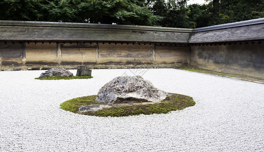 龙安寺的禅岩庭园在白砂石上的十五石庭园背景图片