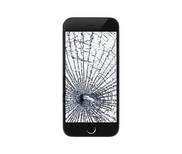 现代黑色手机玻璃破碎的智能手机在工作室白色背景图片