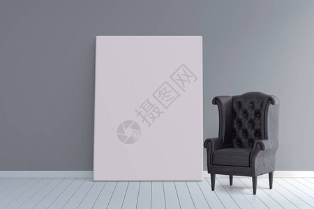 用黑色旧年椅子3d插图将海报框装在空图片