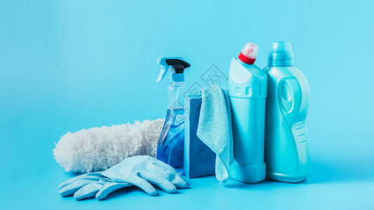 近视蓝色的粉尘机橡胶手套清洁液洗衣粉图片